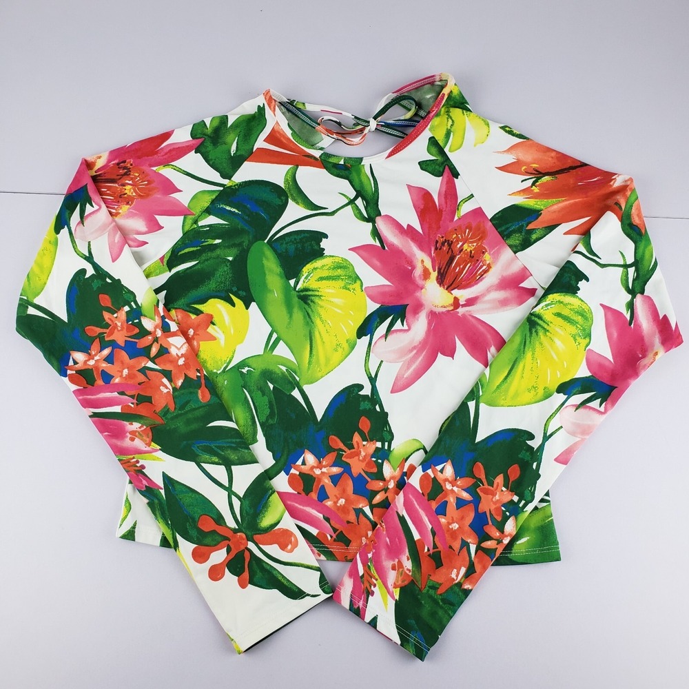 Tommy Bahama Crop Top Open Back Women Medium Floral Long Sleeve Stretch Top